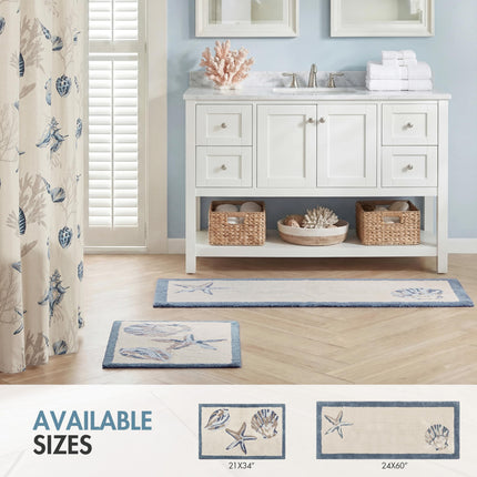 Madison Park Bayside 100% Cotton Tufted Non-Slip Absorbent Ultra Soft Seashells Beach Style Bath Mat Bathroom Rugs, 24X60 Inches Blue