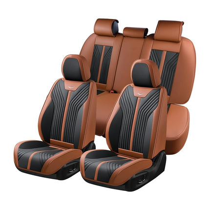 FLORICH Fundas de asiento, juego completo de fundas de asiento marrones, impermeables, cojín de asiento de cuero para automóvil, protector de asiento de automóvil, ajuste universal para la mayoría de automóviles, camiones, SUV, marrón y negro