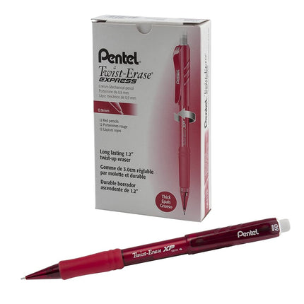 Portaminas Pentel Twist-Erase EXPRESS 0.9 mm, Barril rojo, Caja de 12 (QE419B)