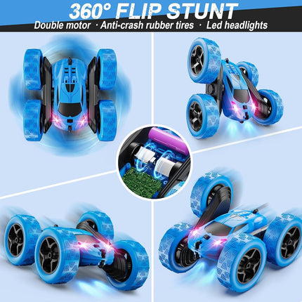 QUNREDA Remote Control Car, RC Cars Toys for Kids Ages 6-12, 4WD Stunt Car with LED Lights & 360° Flips, 2.4GHz, Upgraded USB-C Modular Batteries, 8-10 Year Old Boys Blue