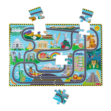 Melissa & Doug Race Around the World Tracks Cardboard Jigsaw Floor Puzzle and Wind-Up Vehicles | Educational Toys for Kids | Age 3+ - FSC Certified
