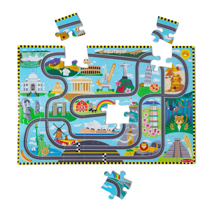 Melissa & Doug Race Around the World Tracks Cardboard Jigsaw Floor Puzzle and Wind-Up Vehicles | Educational Toys for Kids | Age 3+ - FSC Certified