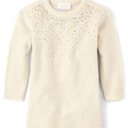 The Children's Place Baby Girls' and Toddler Long Sleeve Sweater Dress, Beaded White Daisy, 6-9 Months