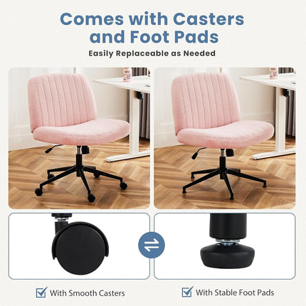 DUMOS Criss Cross Chair with Wheels, Wide Cross Legged Office Desk Vanity Chairs, Armless Adjustable Swivel Chairs for Home Computer Task, Teddy Pink