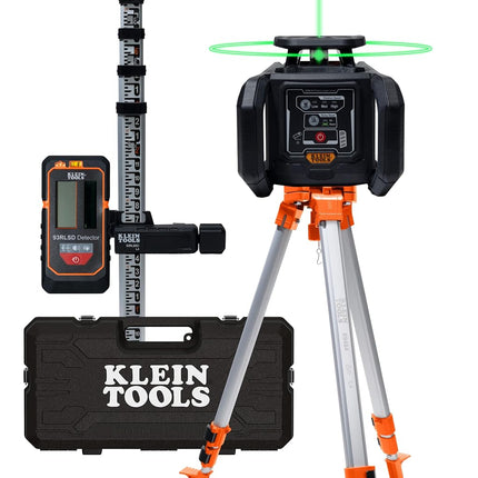 Klein Tools 93RLS Self Levelling Rotary Laser Level Kit Horizontal Vertical with Plumb Point, 350m Range, Rechargeable, Tripod, Detector, 8ft Pole, Carry Case, ≤5mW