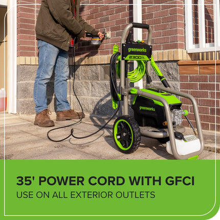 Hidrolavadora eléctrica Greenworks Pro sin escobillas 2300 PSI (certificación SGS) 2.3 GPM máx. / 1.2 GPM (mango plegable, marco de acero resistente, manguera de 25 pies, cable de alimentación GFCI de 35 pies)
