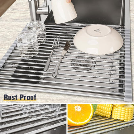 Tomorotec Roll Up Dish Drying Rack Over Sink, 304 Steel, 21x15.5, Grey
