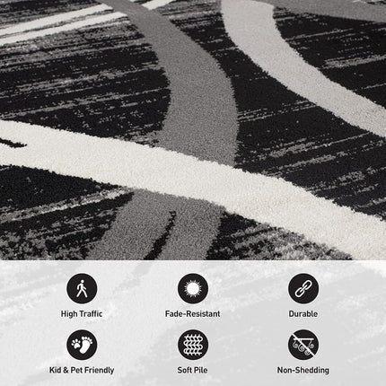 Rugshop Modern Wavy Circles Design Runner Rug, Fade-Resistant Carpet for Hallway, Entryway, or Kitchen, Black, 2' x 10'