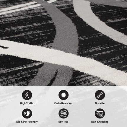 Rugshop Modern Wavy Circles Design Runner Rug, Fade-Resistant Carpet for Hallway, Entryway, or Kitchen, Black, 2' x 10'