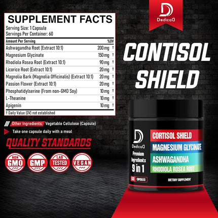 Dedicad 9in1 Cortisol Shield - Magnesium Glycinate & Ashwagandha with Rhodiola, Phosphatidylserine, Passion Flower, L-Theanine, Apigenin, Licorice, Magnolia - 60 Count