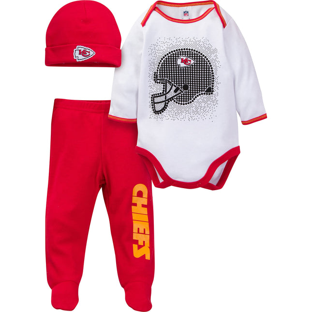 Ensemble cadeau de naissance NFL Kansas City Chiefs 3 pièces : Body, pantalon à pieds et bonnet, rouge/blanc Kansas City Chiefs, 6-9M