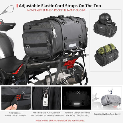 Rhinowalk Motorcycle Travel Luggage, Expandable Motorcycle Tail Bag 45L,Waterproof All Weather/Trunk/Rack Bag with Sissy Bar Straps-Black