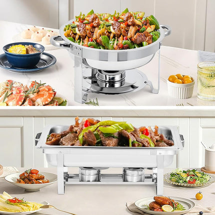 GarveeHome Stainless Steel Chafing Dish Buffet Set of 2, 8 Qt Rectangle & 5 Qt Round Chafers with Food/Water Pans & Fuel Holder, Food Warmer Buffet Set for Parties, Events & Holiday Catering
