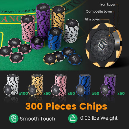 Goplus Poker Chip Set, 300 PCS 14 Gram Clay Poker Chips w/Case, Automatic Card Shuffler, 2 Decks Cards, 5 Dices, Card Shoe, 3 Dealer Buttons, Poker Felt, Texas Holdem, Blackjack, Casino (300 PCS)