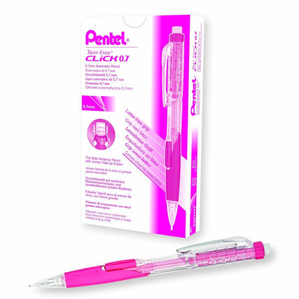 Pentel Twist-Erase CLICK Mechanical Pencil (0.7mm) Transparent Pink Barrel, Box of 12 (PD277TP)