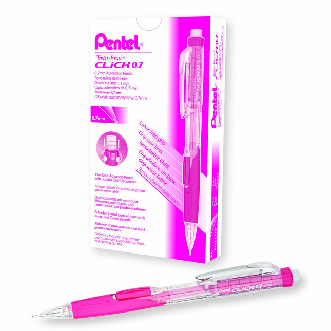 Pentel Twist-Erase CLICK Mechanical Pencil (0.7mm) Transparent Pink Barrel, Box of 12 (PD277TP)