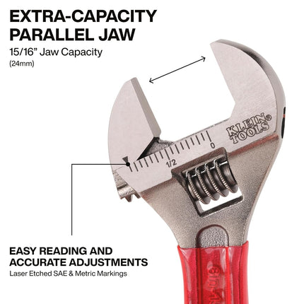 KLEIN TOOLS D507-6 Adjustable Wrench, Extra Capacity Jaw Forged Drive Wrench with High Polish Chrome Finish, 6-1/2-Inch