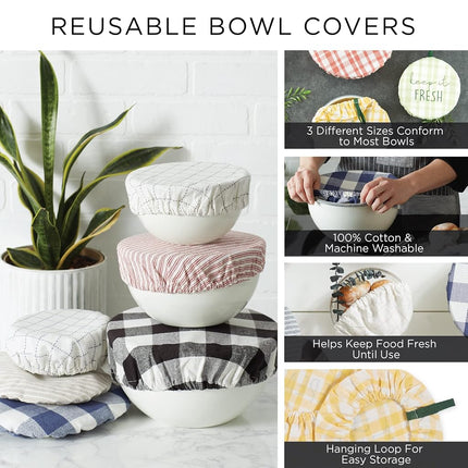 DII Reusable Cloth Bowl Cover Collection Machine Washable, Cotton with Elastic Stretch for Food Storage, 10.25"/8.25"/7.5" Diameter, Farmhouse Plaid, Gray, 3 Piece