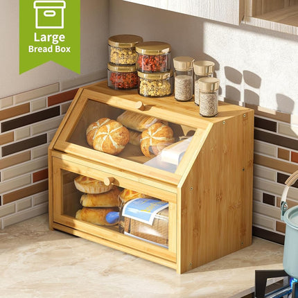 BMOSU Farmhouse Bread Box for Kitchen Countertop Bread box Double Layer Bamboo Wooden Extra Large Capacity Bin Kitchen Food Storage Container(Natural)