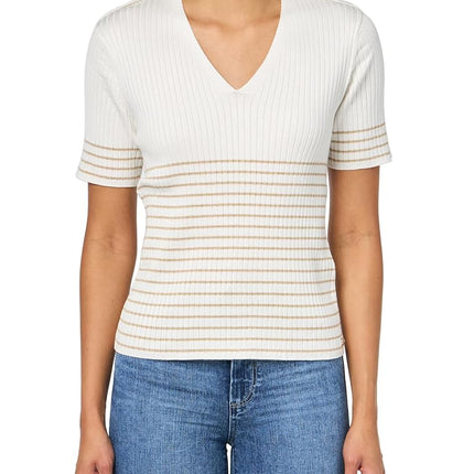 Nautica Women's Short Sleeve Lurex V-Neck Pullover Sweater, Ivory Multi, Large