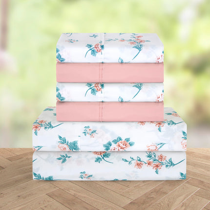 Elegant Comfort Softest and Coziest 6-Piece Sheet Set - 1500 Premium Hotel Quality Microfiber - Deep Pocket, Wrinkle Resistant 6-Piece Floral Bed Sheet Set, Full, Celia Pink