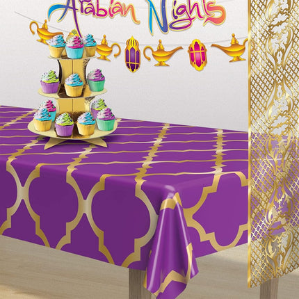 Beistle Lattice Tablecovers, 54” x 108”– Plastic Table Cloth, Moroccan Decorations for Party, Moroccan Tablecloth, Arabian Nights Theme Party, Rectangular Table Cloth Purple/Gold, 3 Pieces