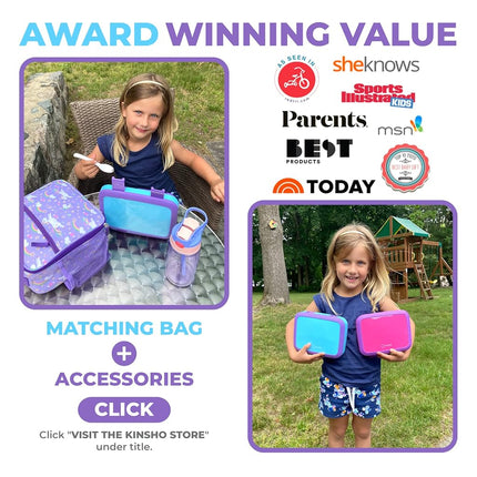 kinsho Bento Lunch Box for Kids Toddlers, 4 Portion Sections Secure Lid, Microwave Safe BPA Free Removable Tray, Pre-School Kid Daycare Lunches Snack Container Ages 3 to 5 Blue Purple