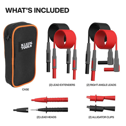 Klein Tools 69483 Meter Test Leads Accessory Kit with (2) Right-Angle, (2) Extenders, (2) Lead Heads, (2) Alligator Clips, and Case