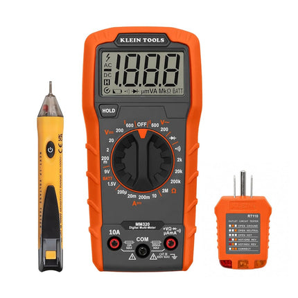 Klein Tools 69149P Electrical Test Kit with Digital Multimeter, Noncontact Voltage Tester and Electrical Outlet Tester, Leads and Batteries, Green,Red