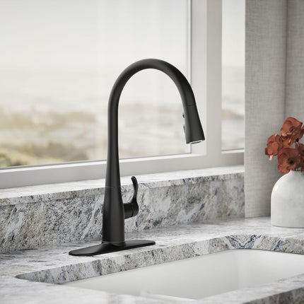 Kohler K-596-BL Simplice High-Arch Single-Hole or Three-Hole, Single Handle, Pull-Down Sprayer Kitchen Faucet, Matte Black with 3-Function Spray Head, Sweep Spray and Docking Spray Head Technology