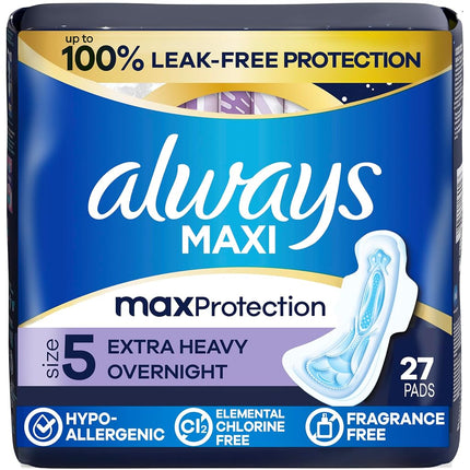 Always Maxi Overnight Extra Heavy Flow with Wings, Unscented Pads 27 Count (Jumbo)