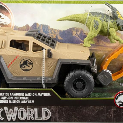 Mattel Jurassic World Truck & Einiosaurus Dinosaur Action Figure Toy with Flip Roll Feature, Mission Mayhem Destruction Vehicle, HRX52