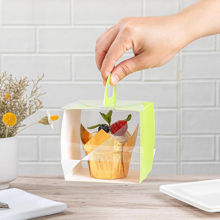 Restaurantware-4 Inch x 4.25 Inch Cupcake Boxes, 100 Disposable Cupcake Display Boxes - with Handle, Geometric Line Accent, Clear Plastic Single Cupcake Containers, for Weddings Or Birthdays