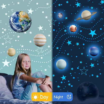 Estrellas que brillan en la oscuridad, pegatinas de pared de la Tierra, pegatinas de pared del sistema solar para dormitorio, decoración de planetas para techo de cuarto de bebé (azul)