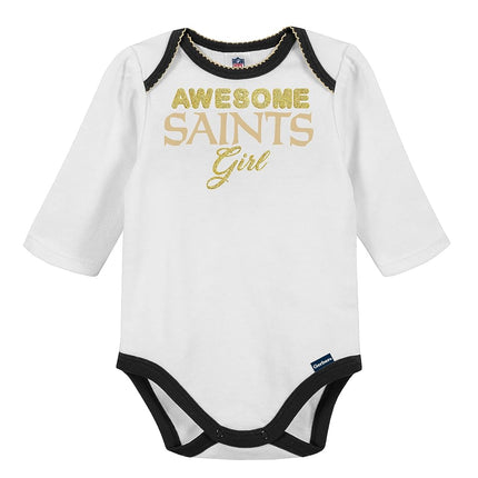 Gerber NFL New Orlean Saints 3 Pack Bodysuit Footed Pant and Cap Registry Gift Set, black/white New Orlean Saints, 0-3M