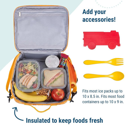 Wildkin Kids Fiambrera aislada ECO rPET – Mantiene la comida fría o caliente, forro de fácil limpieza, bolsillos de malla y sin BPA – Niños y niñas, ideal para la escuela, viajes y guardería – En construcción