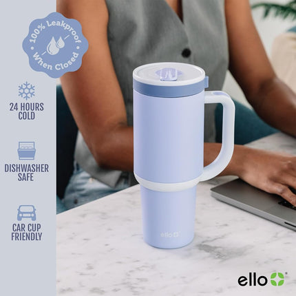 Ello Oasis 24oz Tumbler with Handle & Retracting Straw | Reusable Insulated Stainless Steel Cup 100% Leakproof, Gifts for Teens Women Men | Keeps cold for 24 Hours, Cup Holder Friendly, Twilight Blush