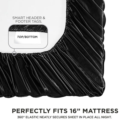 Juicy Couture King Size Satin Bed Sheet Set, Deep Pocket Silky Satin King Sheet Set with 1 Fitted Sheet, 1 Flat Sheet and 2 Pillow Case, Wrinkle Resistant and Anti Pilling Satin Bed Sheets - Black