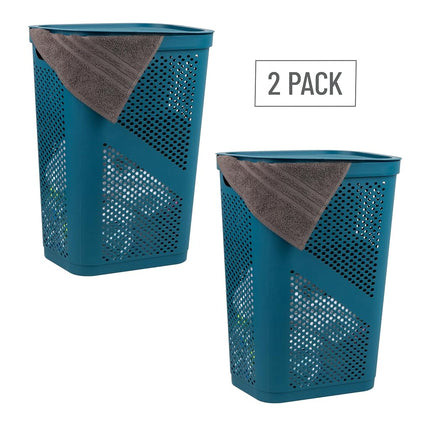 Mind Reader 60L Slim Laundry Hamper, Clothes Basket, Lid, Ventilated, Plastic, 17.25"L x 13.75"W x 23.5"H, Set of 2, Blue
