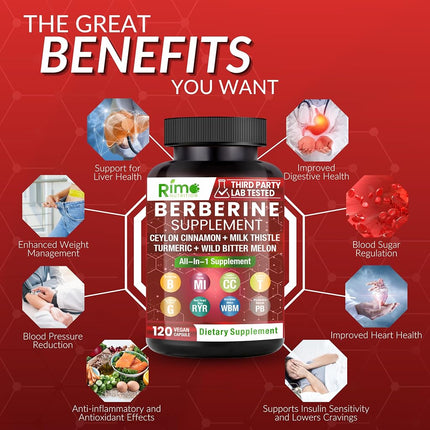 Berberine Supplement 1500mg with Ceylon Cinnamon, Bitter Melon & Gymnema – 8-in-1 Formula – 120 Capsules