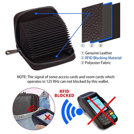 Linno RFID Cartera de piel auténtica con 20 ranuras para tarjetas de crédito, pequeña, para mujer u hombre, con cremallera, color café, tarjetero de acordeón moderno