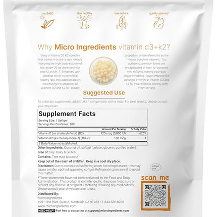 Micro Ingredients Vitamin D3 5000 IU Plus K2 (MK-7) 100 mcg, 300 Virgin Coconut Oil Softgels | 2 in 1 Vitamins D & K Complex | Supports Calcium Absorption, Bone, Immune, & Heart Health