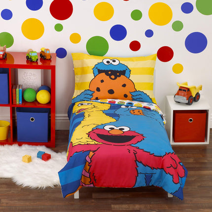 Sesame Street Best Friends Blue, Red, Yellow 4Piece Toddler Bed Set - Comforter, Fitted Bottom Sheet, Flat Top Sheet, Reversible Pillowcase, Blue, Red, Yellow, Green