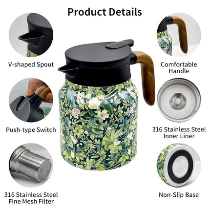 35 OZ Vintage Floral Tea Pot with Infuser, Insulated Stainless Steel Tea Kettle, 12 Hour Hot/Cold Retention, Tea-Water Separation Loose Leaf Tea Steeper for Hot Drinks (Green)