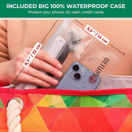 SHYLERO Beach Bag XL. 100% Waterproof (IP64). L22 xH15 xW6 w Cotton Rope Handles, Top Zipper, Extra Outside Pocket. Beach Tote Has Waterproof Phone Case, Built-in Key Holder, Bottle Opener (Rainbow)