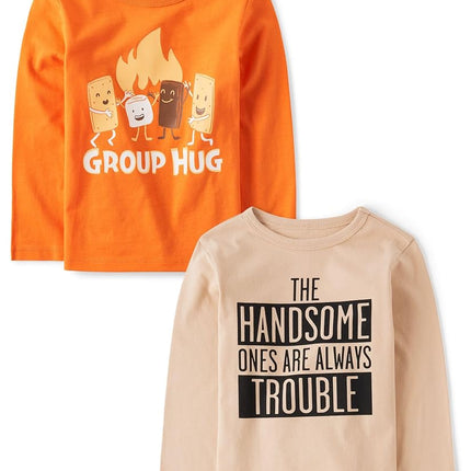 The Children's Place Baby Boys' and Toddler Assorted Everyday Long Sleeve Graphic T-Shirts,multipacks, Smores Hug/Handsome Trouble 2-Pack, 3T