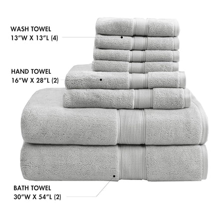 Madison Park 800GSM Bathroom Towel Set of 8 100% Cotton Bath Towel Set for Bathroom Luxurious Highly Absorbent 2 Bath Towels 2 Hand Towels 4 Washcloths Quick Dry Spa Quality Silver