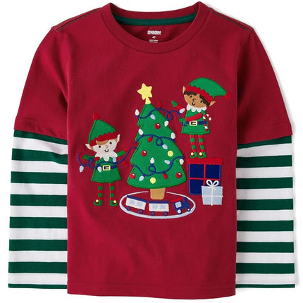 Gymboree Boys and Toddler Embroidered Graphic Long Sleeve Layered T-Shirts, Christmas Elves, 18-24 Months