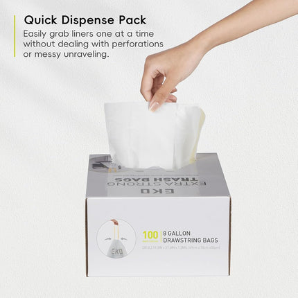 EKO Easy-Dispense Roll 100 Count Extra-Strong Drawstring Kitchen Trash Bags – 8 Gallon Garbage Bags (30.3L) 100 pack, Code F-1