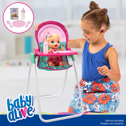 Baby Alive: Set de trona para muñecas - Verde, rosa, corazones - para muñecas de hasta 61 cm, 5 accesorios de alimentación a juego, asiento giratorio, plegable, juguete para niños de 3 años en adelante.